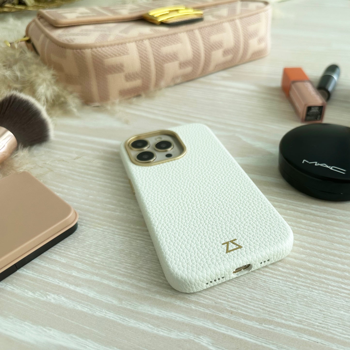 White Leather Magnetic Case with Matte Gold Detail