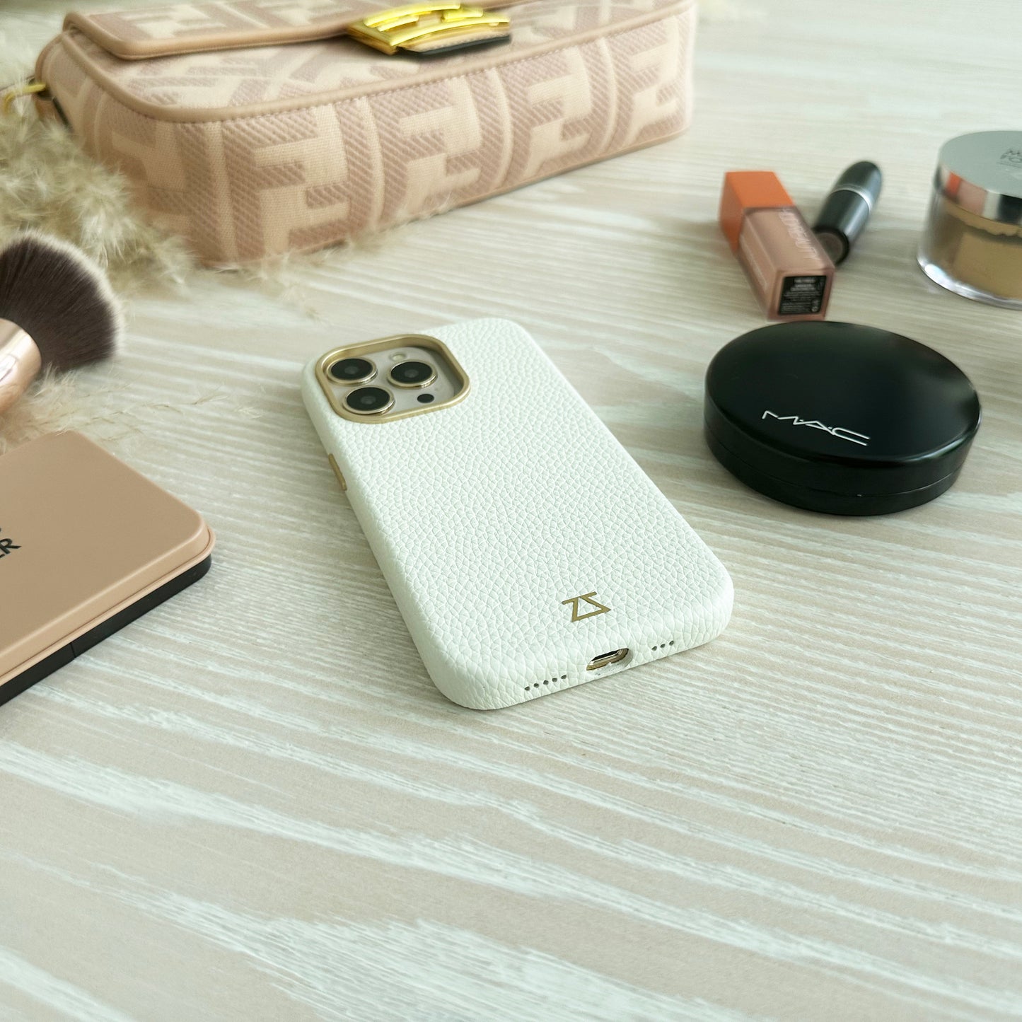 White Leather Magnetic Case with Matte Gold Detail