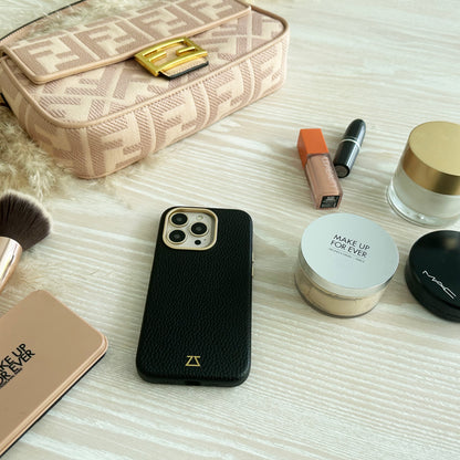 Black Leather Magnetic Case with Matte Gold Detail