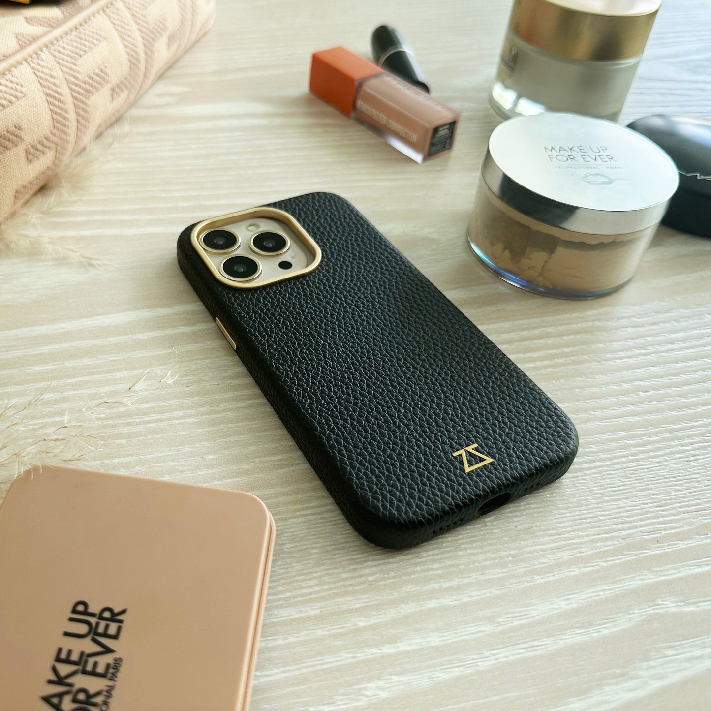 Black Leather Magnetic Case with Matte Gold Detail