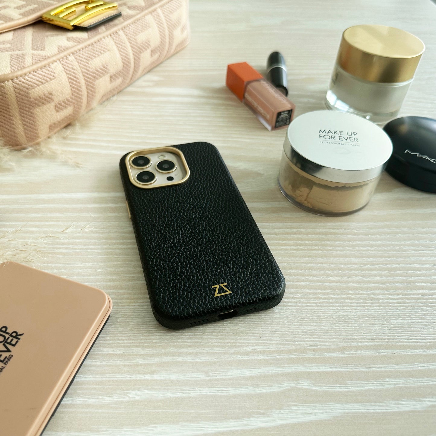 Black Leather Magnetic Case with Gold Detail