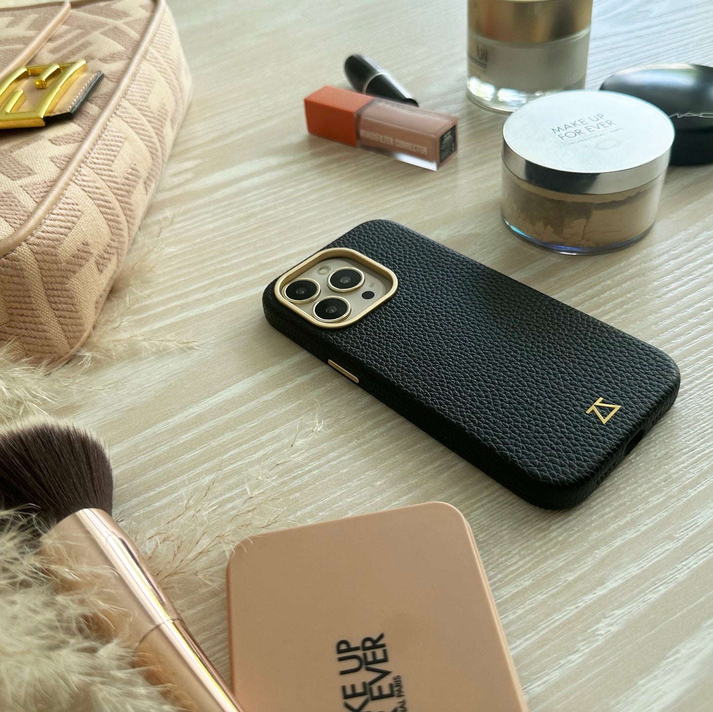 Black Leather Magnetic Case with Gold Detail