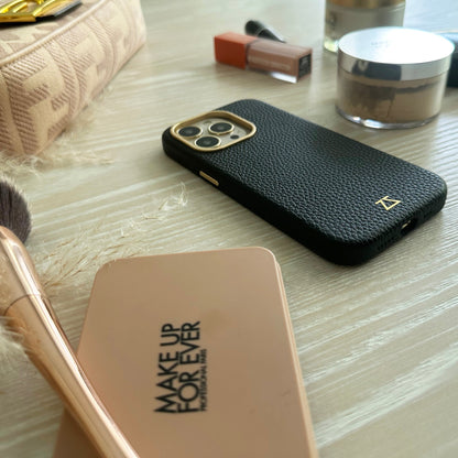 Black Leather Magnetic Case with Gold Detail