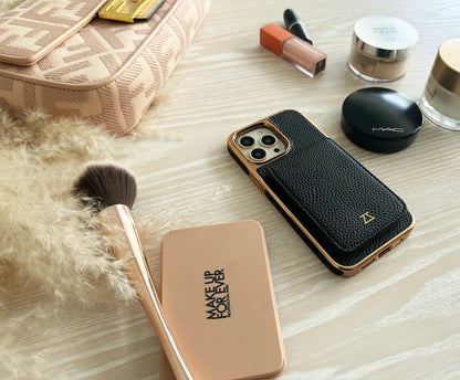 Black Leather Wallet Case with Rose Gold Detail