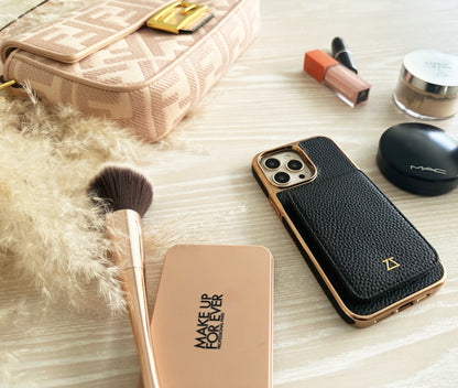 Black Leather Wallet Case with Rose Gold Detail