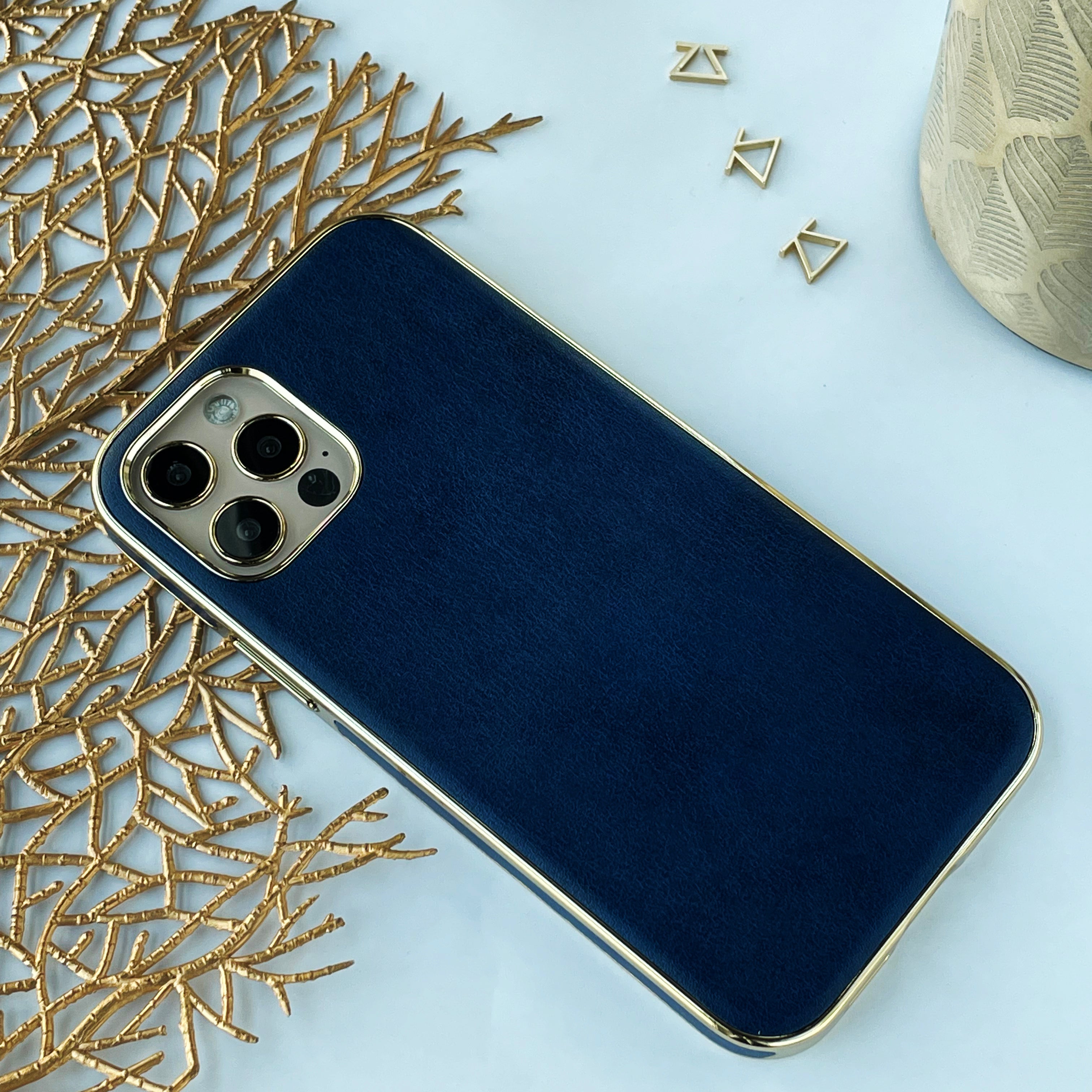 Navy Blue Leather iPhone Case with Gold Cazset